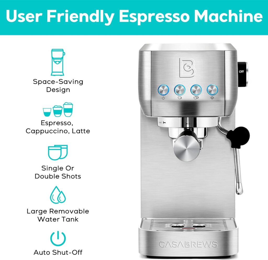 CASABREWS Espresso Coffee Machine 20 Bar, Professional Coffee Maker Cappuccino Latte Machine with Steam Milk Frother with 49oz Removable Water Tank, Stainless Steel, Gift for Dad Mom