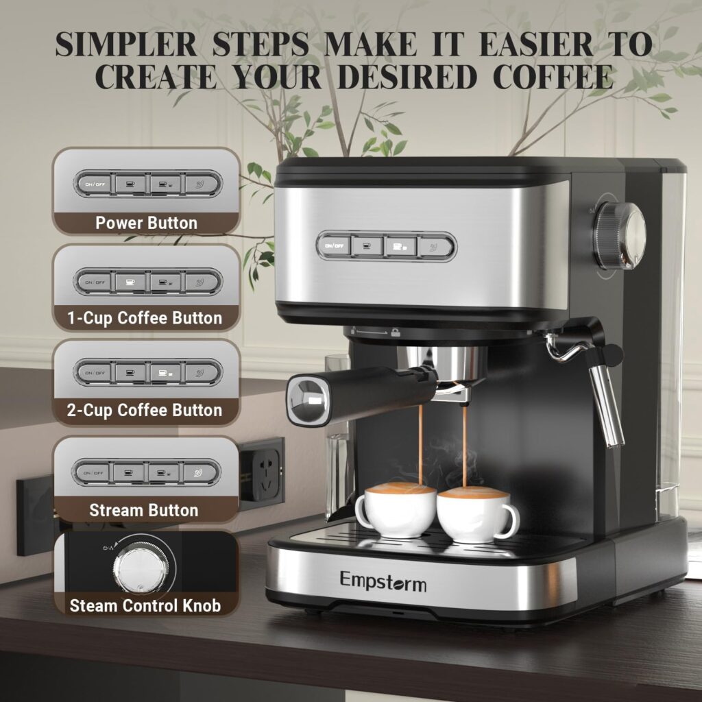 Espresso Machine 20 Bar Pump Pressure, Cappuccino Coffee Maker with Milk Foaming Steam Wand for Latte, Mocha, Cappuccino, with 2 in 1 Powder and Capsule Portafilter, Removable 1.5L Water Tank