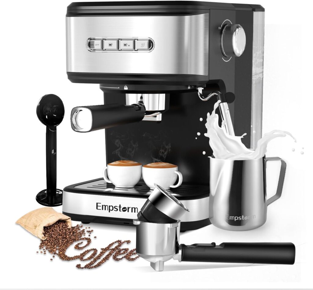 Espresso Machine 20 Bar Pump Pressure, Cappuccino Coffee Maker with Milk Foaming Steam Wand for Latte, Mocha, Cappuccino, with 2 in 1 Powder and Capsule Portafilter, Removable 1.5L Water Tank