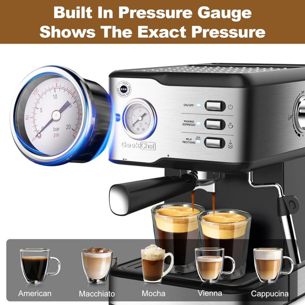 Geek Chef Espresso Machine 20 Bar Pump Pressure Cappuccino latte Maker Coffee Machine with ESE POD filterPressure gauge, 1.5L Water Tank 950W, Silver Stainless steel