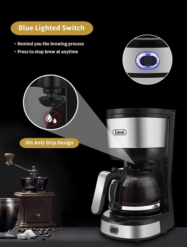 Gevi 4-Cup Coffee Maker with Auto-Shut Off, Small Drip Coffeemaker Compact Coffee Pot Brewer Machine with Cone Filter, Glass Carafe and Hot Plate, Stainless Steel Finish