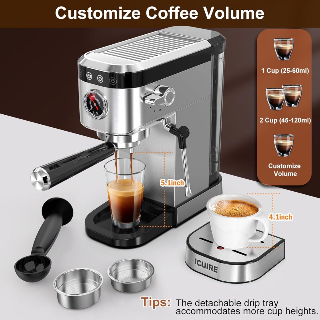 ICUIRE Espresso Machine 20 Bar, Stainless Steel Espresso Maker with Milk Frothing Pitcher, Professional Cappuccino Machine with Milk Frother, 1.1L Water Tank