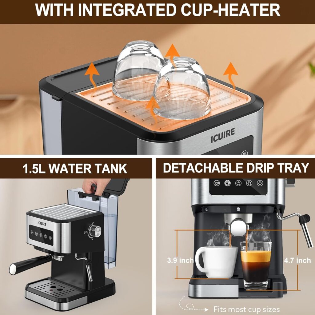 ICUIRE Espresso Machine 20 Bar, Stainless Steel Espresso Maker with Milk Frothing Pitcher, Professional Cappuccino Machine with Milk Frother, 1.1L Water Tank