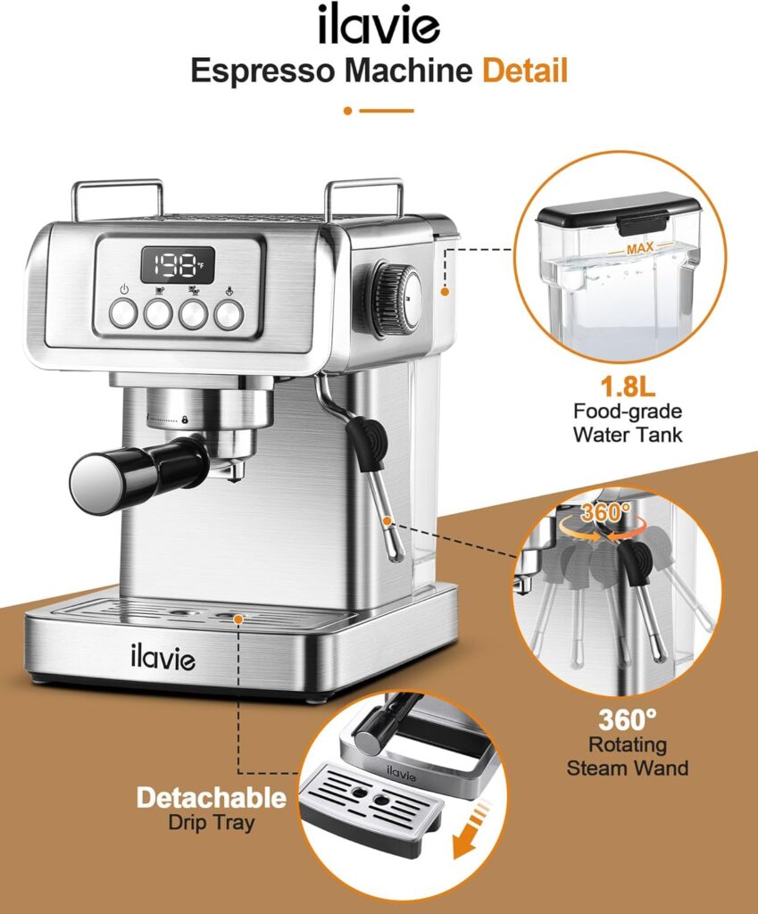 ILAVIE 20 Bar Espresso Machine, Stainless Steel Espresso Coffee Machine for Cappuccino, Latte, Espresso Maker for Home, Automatic Espresso Machine with Milk Steamer, 1.8L Water Tank, 1350W