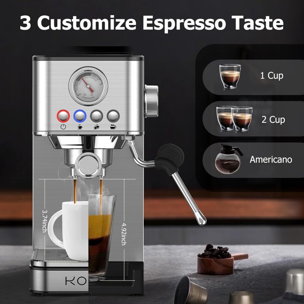 KOIOS Espresso Machines, 20 Bar Semi-Automatic Espresso Maker with Foaming Steam Wand, 1200W Stainless Steel Espresso Coffee Maker for home, 58oz removable Water Tank, PID Control System