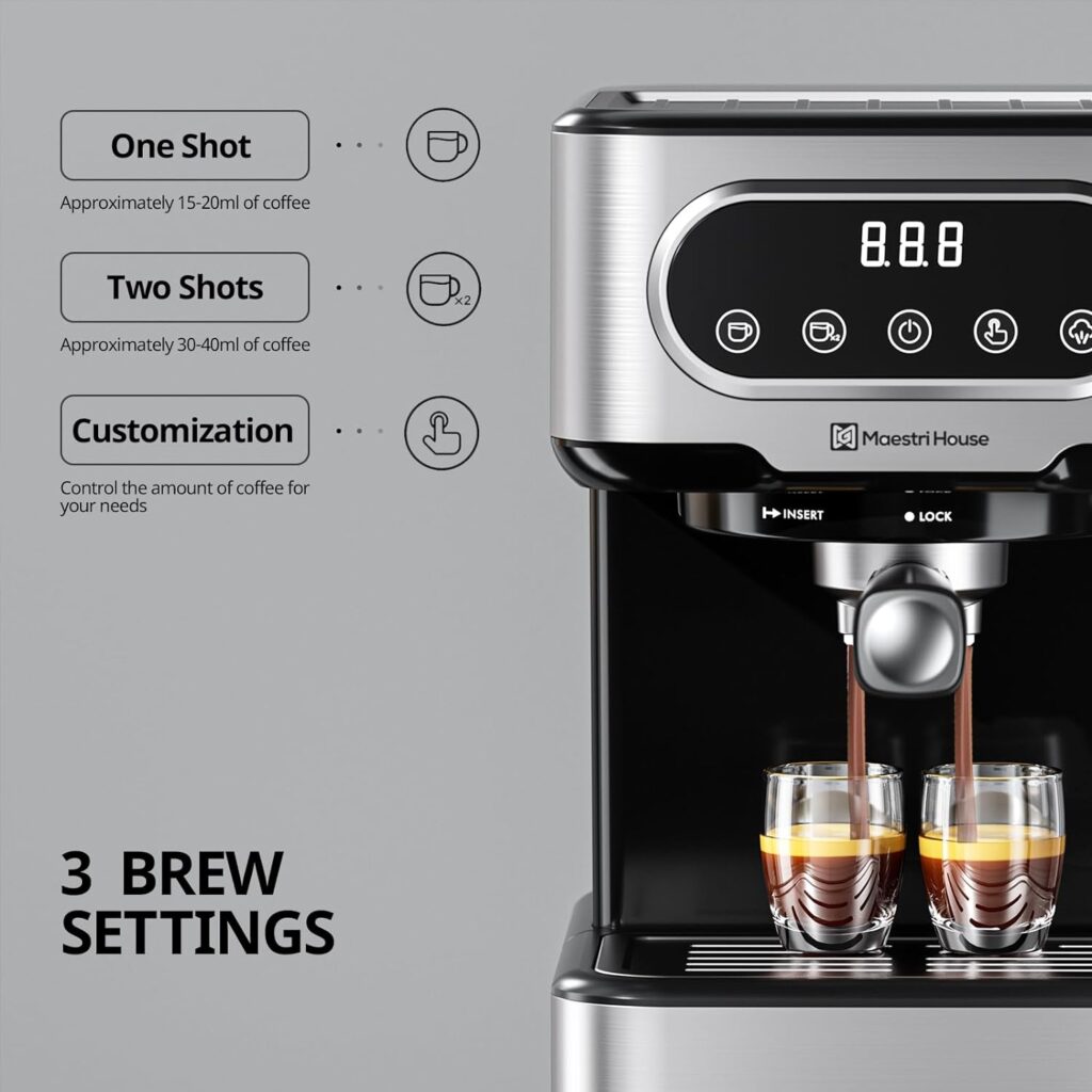 Maestri House Espresso Machine, Espresso Coffee Maker with Milk Frother Steam Wand, Barista Espresso Coffee Machine with Digital Touch Panel for Cappuccino Latte