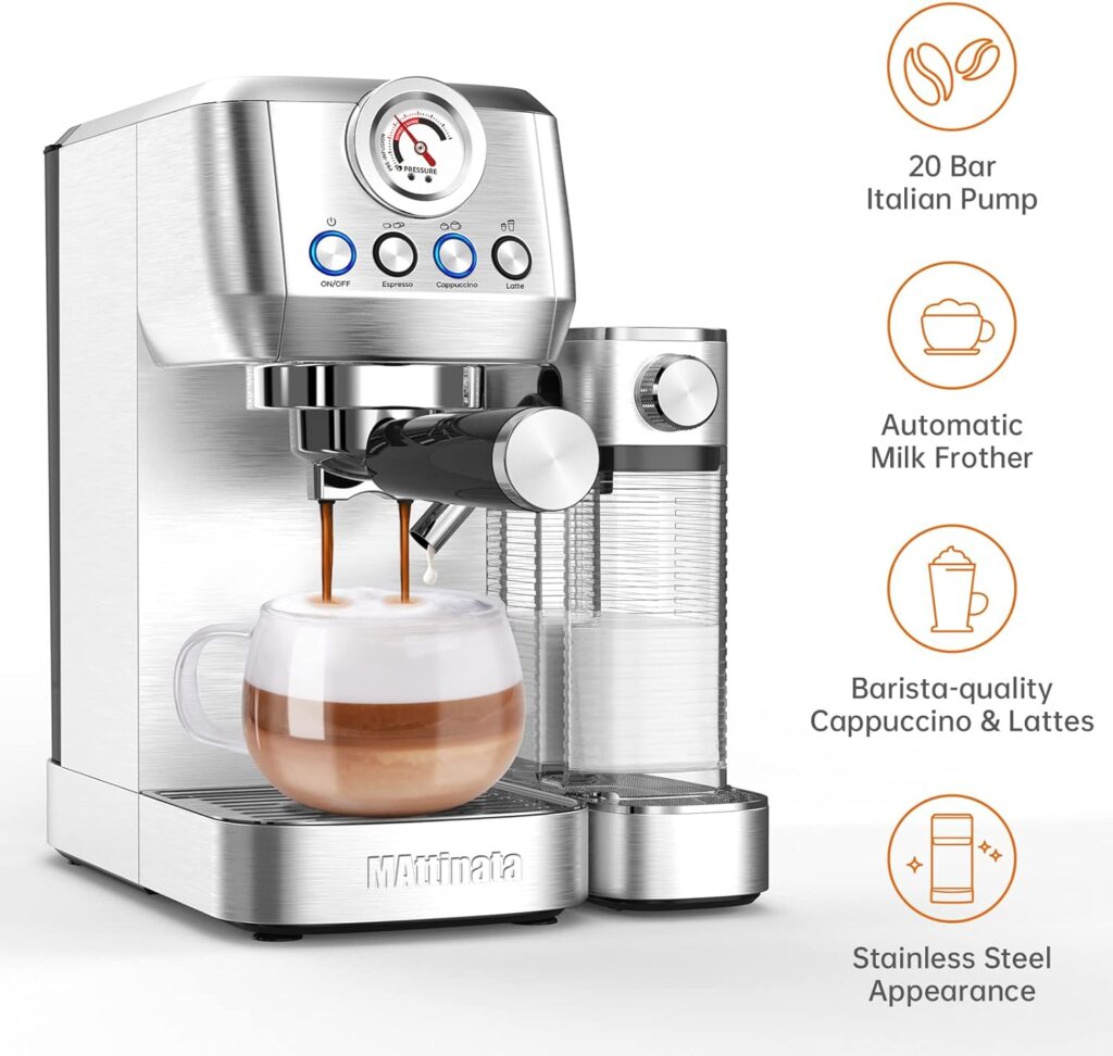 MAttinata Cappuccino Machine and Espresso Machine, 20 Bar Stainless Steel Latte Maker for Home with Automatic Milk Frothing System