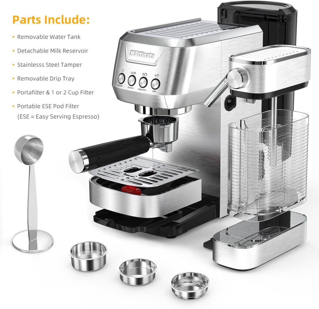 MAttinata Espresso Machine, 20 Bar Cappuccino Machine with Automatic Milk Frother, Stainless Steel Coffee Machines for Home Latte Cappuccino Mom Dad Coffee Lovers Gifts