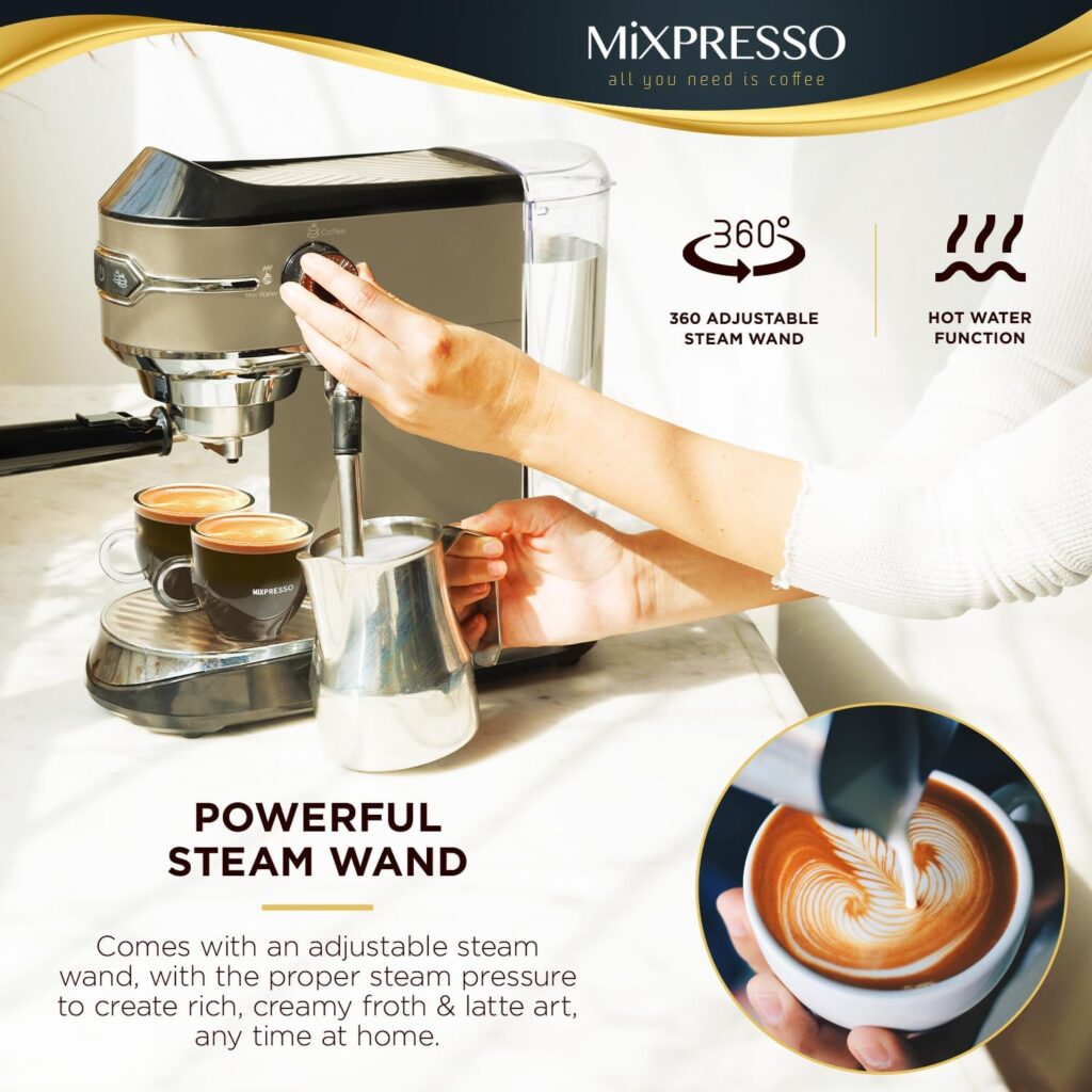 Mixpresso Professional Espresso Machine for Home 15 Bar with Milk Frother Steam Wand, Espresso Maker with Double-Cup Splitter, 1450W Fast Heating, Cappuccino and Latte machine with 37Oz Water Tank