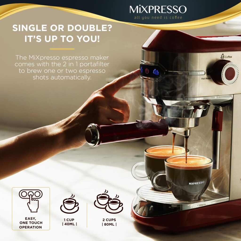 Mixpresso Professional Espresso Machine for Home 15 Bar with Milk Frother Steam Wand, Espresso Maker with Double-Cup Splitter, 1450W Fast Heating, Cappuccino and Latte machine with 37Oz Water Tank