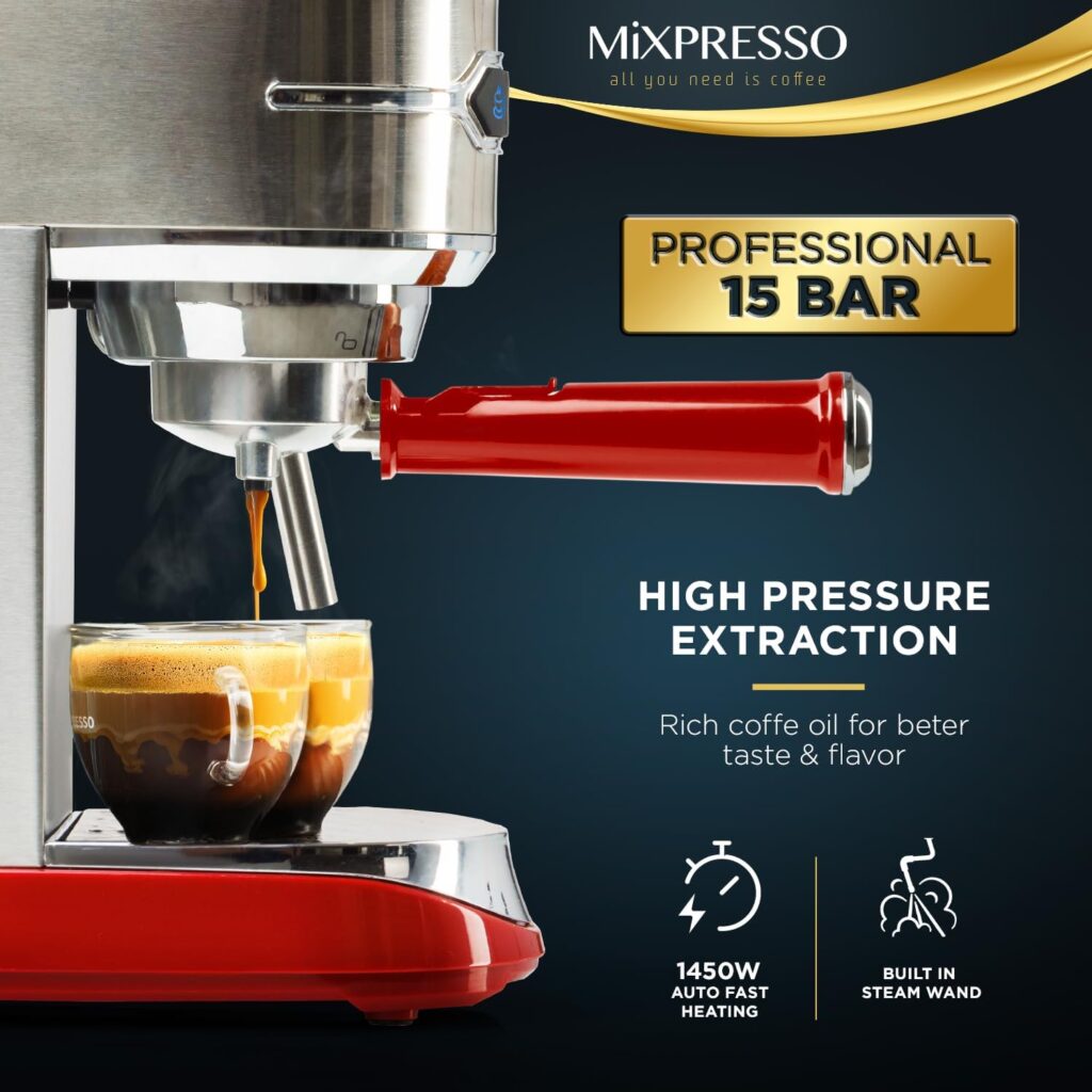 Mixpresso Professional Espresso Machine for Home 15 Bar with Milk Frother Steam Wand, Espresso Maker with Double-Cup Splitter, 1450W Fast Heating, Cappuccino and Latte machine with 37Oz Water Tank