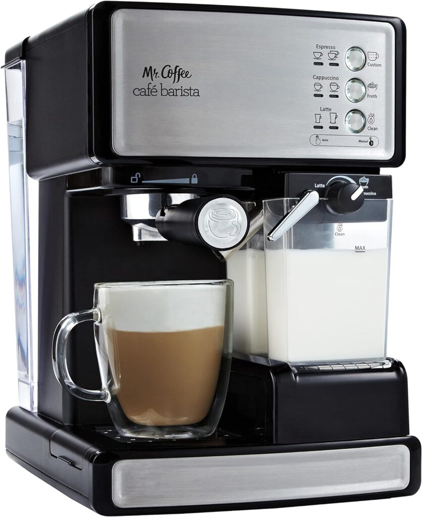 Mr. Coffee Espresso and Cappuccino Machine, Programmable Coffee Maker with Automatic Milk Frother and 15-Bar Pump, Stainless Steel,Silver