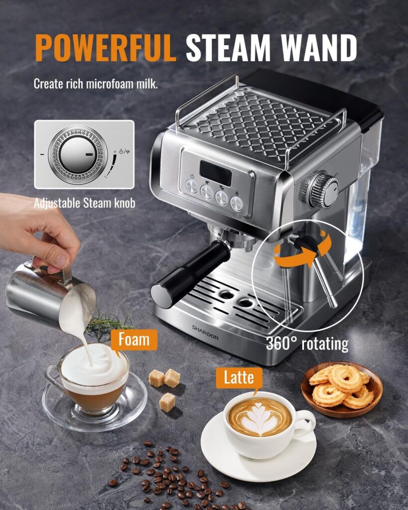 SHARDOR Espresso Machine, 20 Bar Expresso Coffee Machines with Milk Frother Steam Wand, Manual Latte  Cappuccino Maker for Home, Temperature Display, 60 Oz Water Tank, 1350W, Stainless Steel