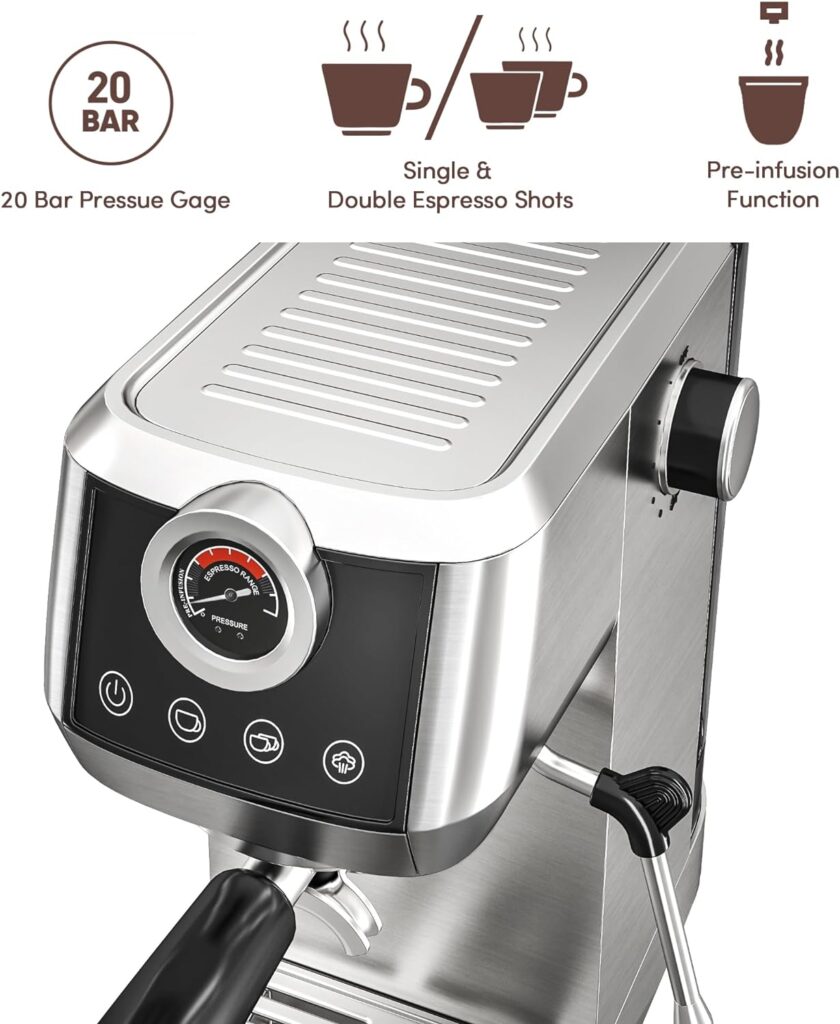 wirsh Espresso Machine, 20 Bar Espresso Maker with Plastic Free Portafitler and Steamer for Latte and Cappuccino,Expresso Coffee Machine with Pressure Gauge,Touch Screen (Home Barista Plus)