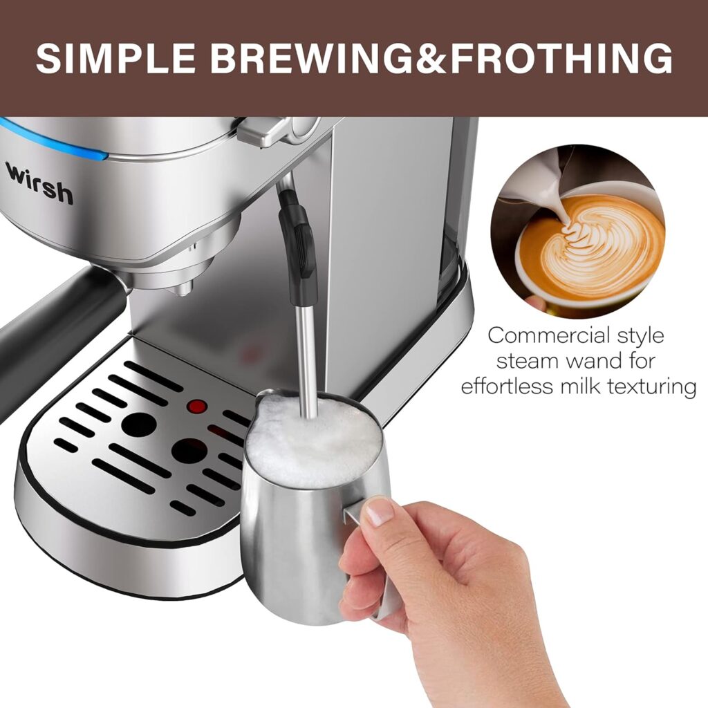 wirsh Espresso Machine,Espresso Maker with Commercial Steamer for Latte and Cappuccino,Expresso Coffee Machine with 42 oz Removable Water Tank,Stainless Steel (Home Barista)