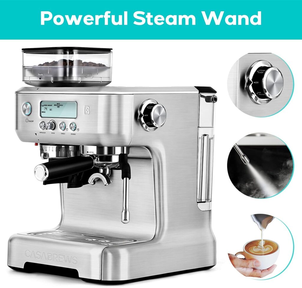 CASABREWS Espresso Machine with Grinder, Barista Espresso Maker with Milk Frother Steam Wand, Professional Cappuccino Latte Machine with LCD Display, Gifts for Dad, Mom, Coffee Lover or Housewarming