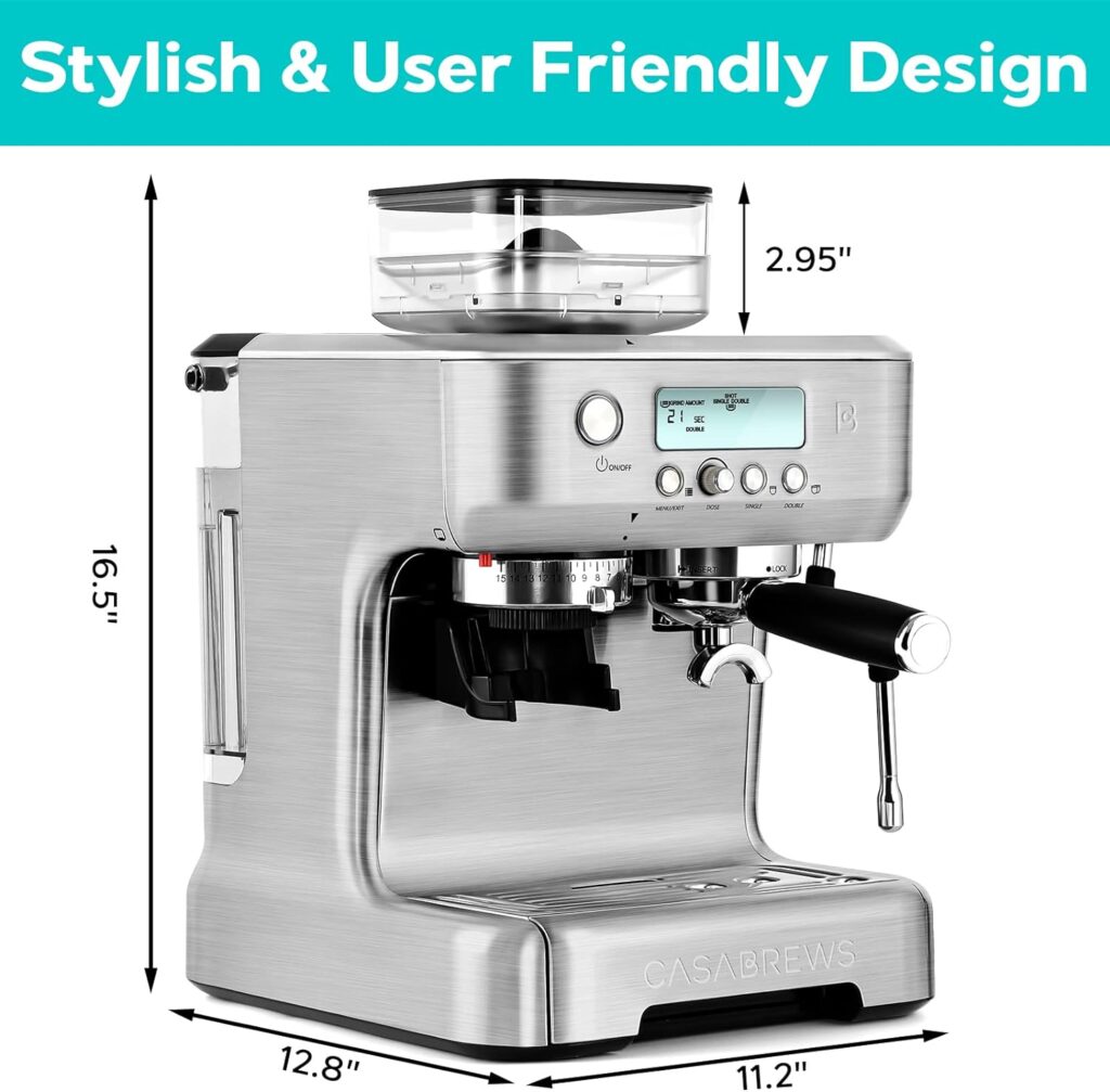 CASABREWS Espresso Machine with Grinder, Barista Espresso Maker with Milk Frother Steam Wand, Professional Cappuccino Latte Machine with LCD Display, Gifts for Dad, Mom, Coffee Lover or Housewarming