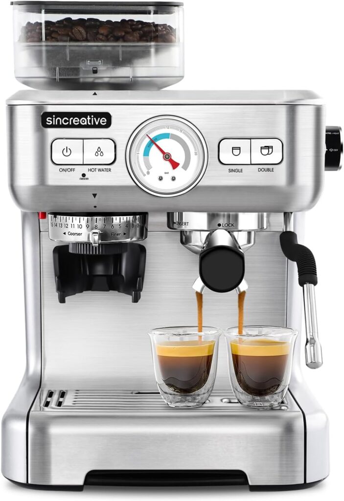 Espresso Machine with Grinder and Milk Frother, 20 Bar Semi Automatic Espresso Coffee Machine for Home Barista, Professional Coffee Maker with Water Tank for Cappuccinos or Lattes, Gift for Mom Dad