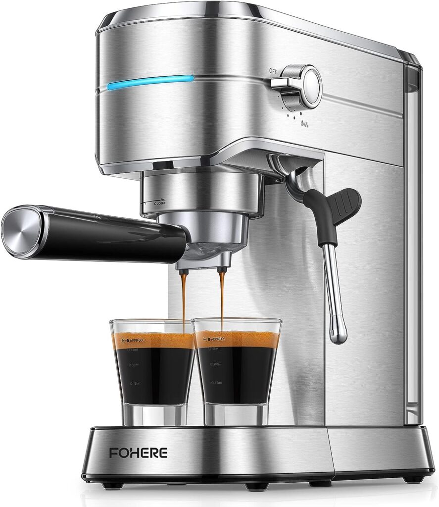 FOHERE Espresso Machine, 20 Bar Espresso and Cappuccino Maker with Milk Frother Steam Wand, Professional Compact Coffee Machine for Espresso, Cappuccino, Latte and Mocha, Brushed Stainless Steel