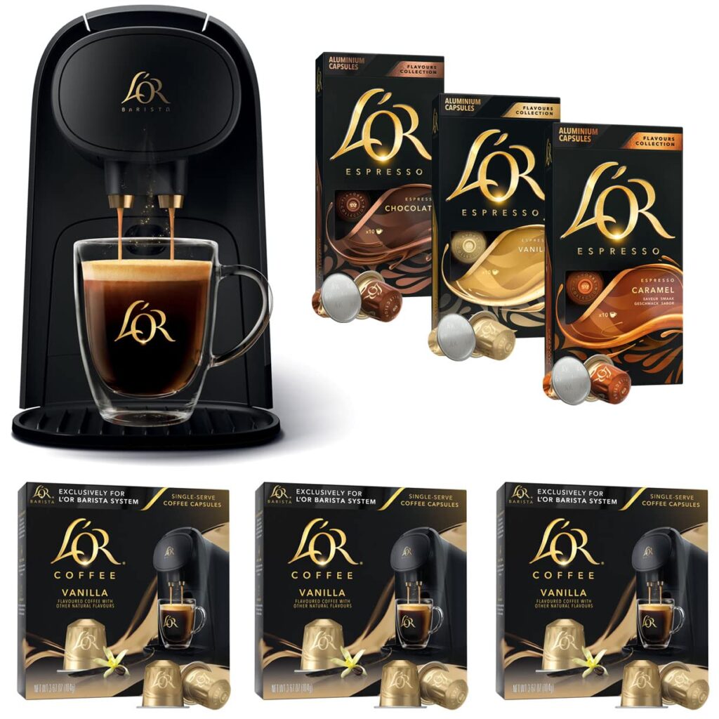 LOR Barista System Coffee and Espresso Machine with 30 Vanilla Coffee, 30 Flavored Espresso Pods